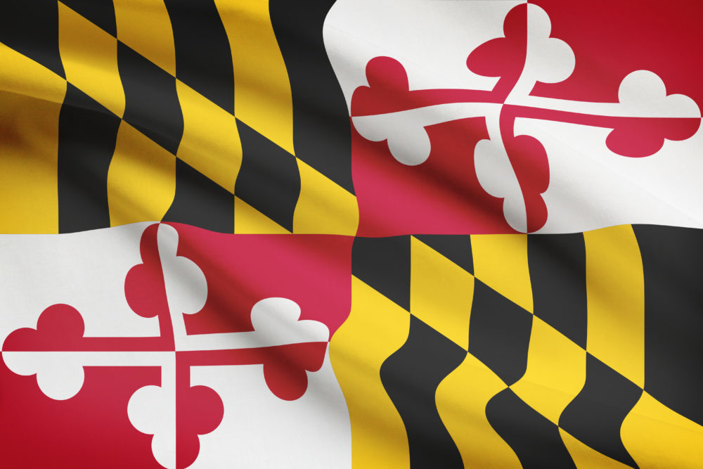 Series of ruffled flags of US states. State of Maryland.